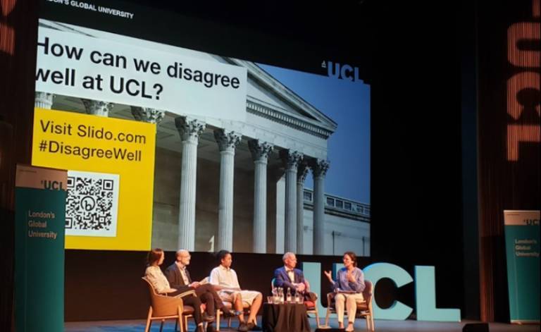 An image from the event titled: Disagreeing Well at 乱伦秀. The photo contains 5 panellists sat on chairs on the Bloomsbury Theatre stage.