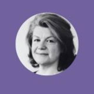 Black and white image of Rosie Gowran in a purple, circular frame